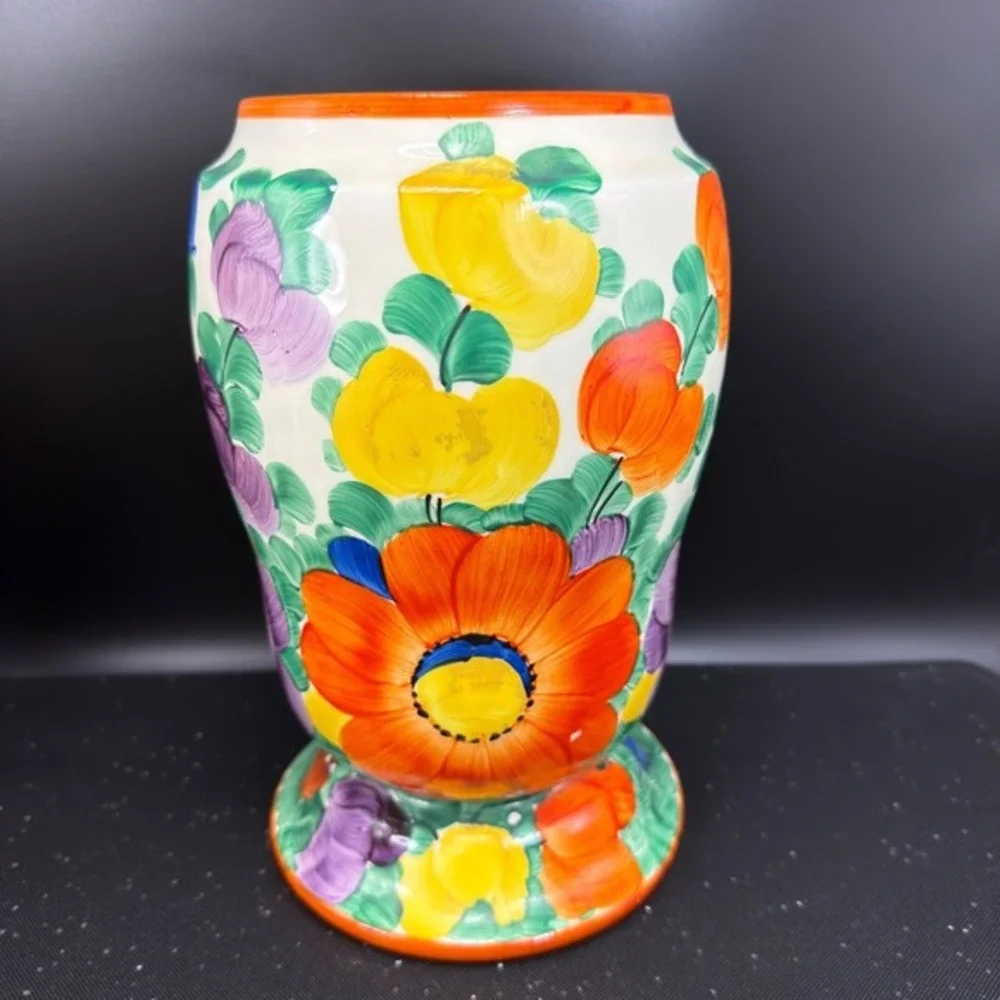 Vintage Czechoslovakia Hand Painted Floral Ceramic Vase Vessel Multi Color 1930s